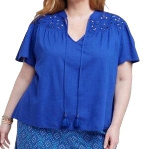 KNOX ROSE | Women’s Royal Blue Short-Sleeve V-Neck Woven Eyelet Top size 2X Boho